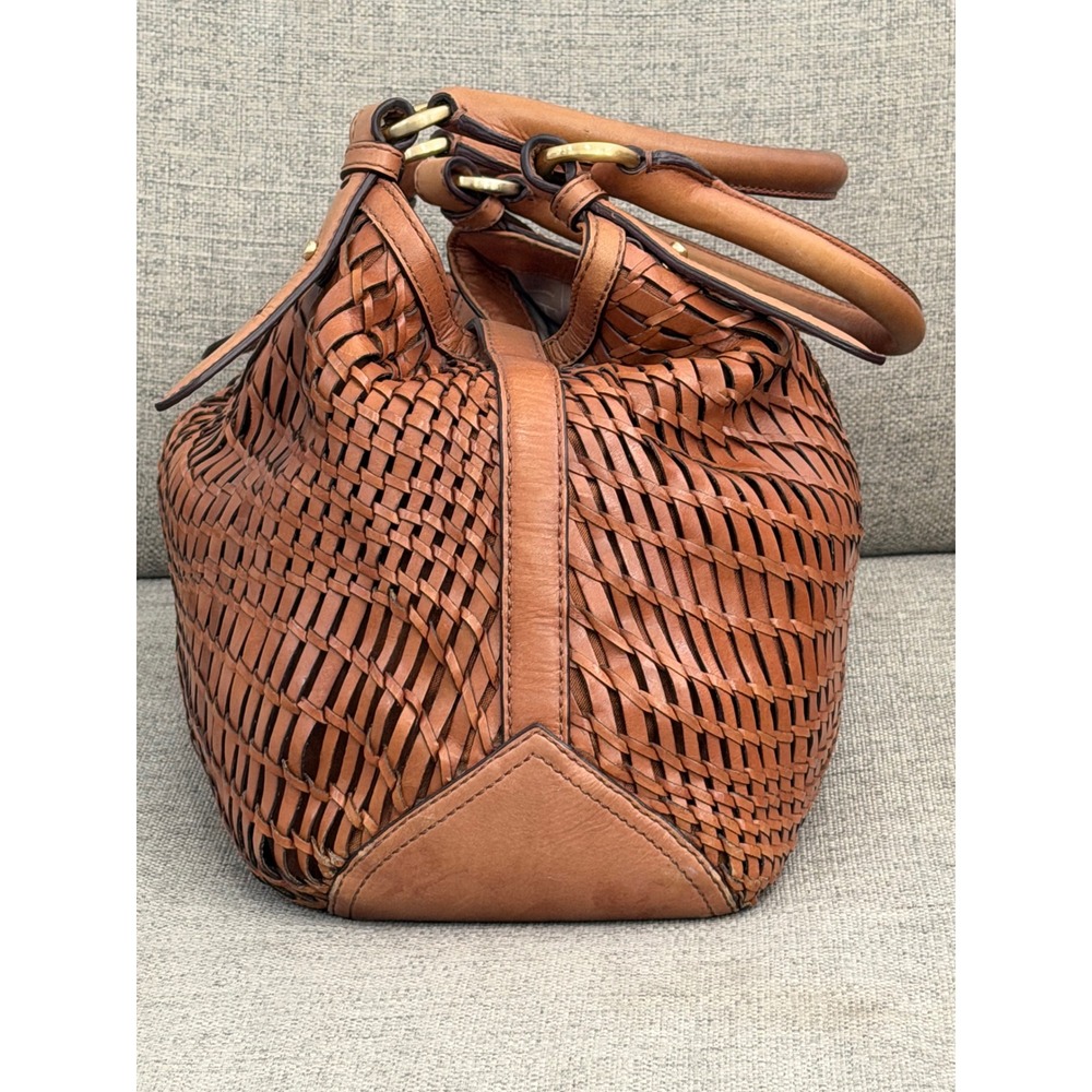 Cole Haan Woven Leather Hobo Bag Cognac Brown Satchel Gold Hardware - Picture 4 of 11
